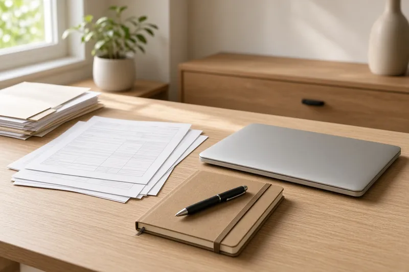 Documents and a laptop on a desk