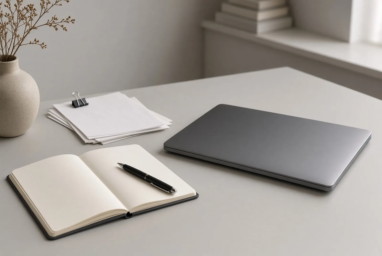 Investment documents and a laptop on a desk