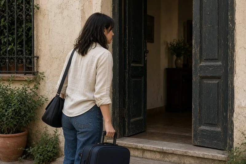 A person arriving at a Spanish home with a suitcase