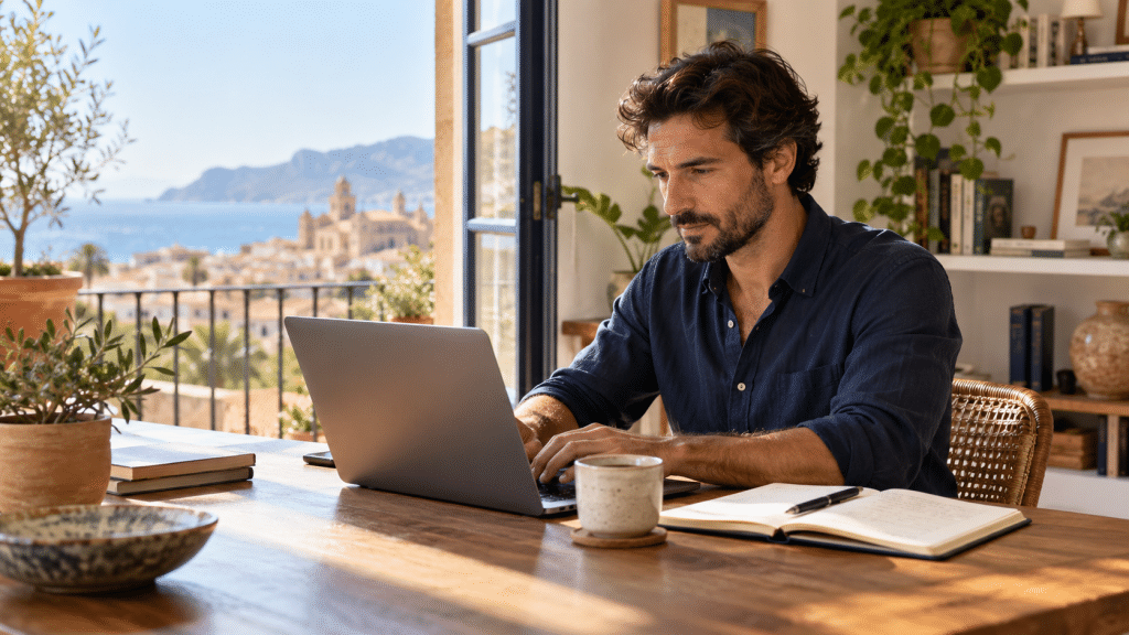 Self-employed professional reviewing tax documents in a home office.