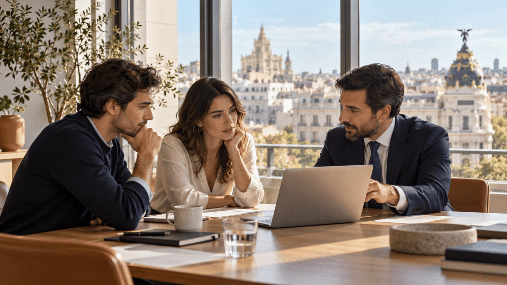 Fundadores de una startup revisan documentos fiscales con un asesor en Madrid.